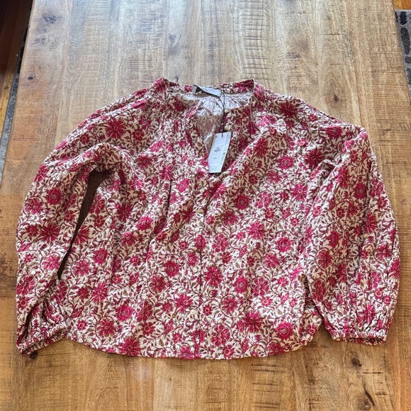 Primark Tops - Primark cotton textured gauze mock neck button up down Floral Pink cream Blouse